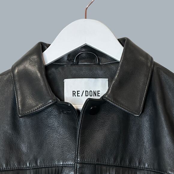 Re/Done Black Leather Fringe Jacket Drop Shoulder Women's Small NWOT - Picture 8 of 16